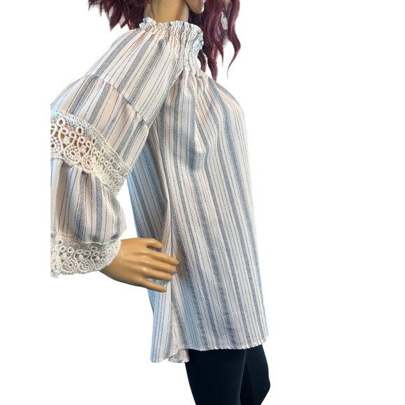 Kiwi + Punch Striped Off-Shoulder Smocked Tunic Blouse With Lace Bell‎ Sleeves - Picture 4 of 6
